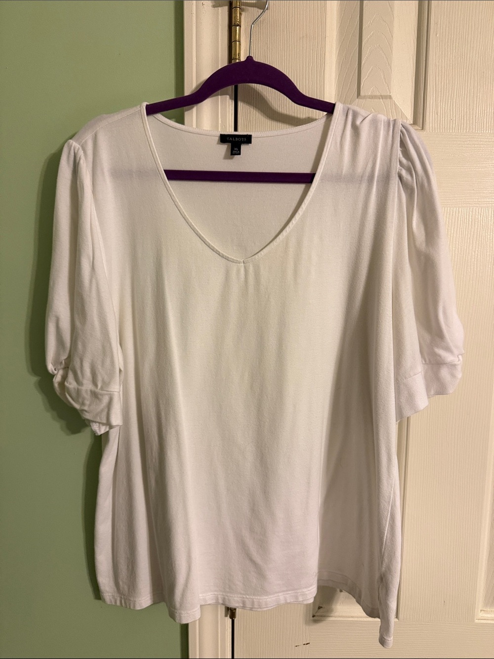 Talbots White V-Neck Puff Sleeve Knit Top